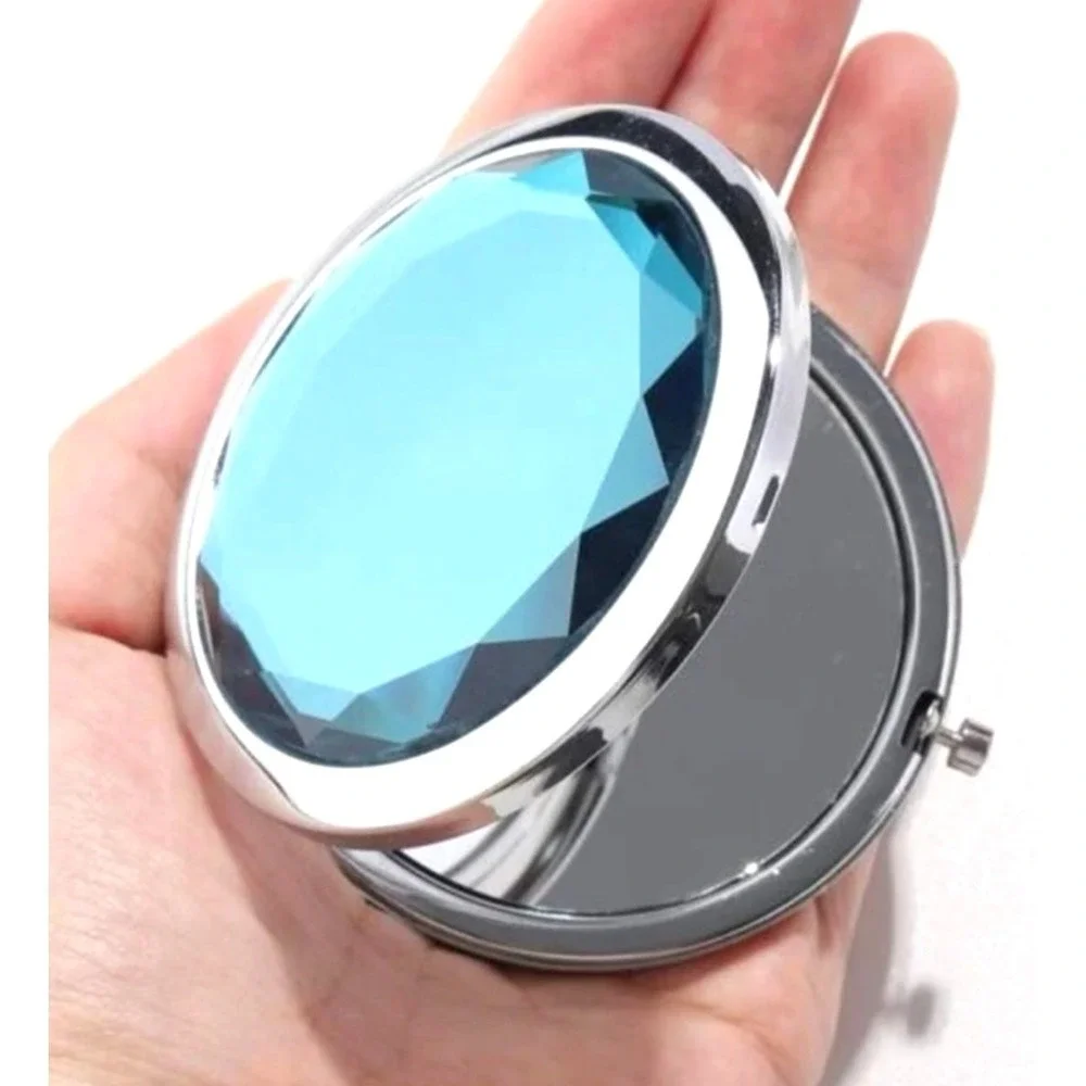 Teal Gem Topped Silver Compact Purse Mirror Travel Accessory New